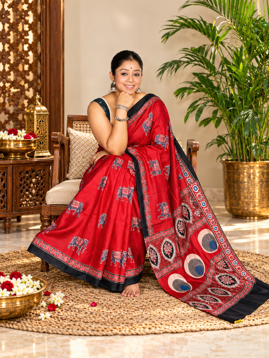 Very Attractive Red Hand Block Printed Modal Silk Saree