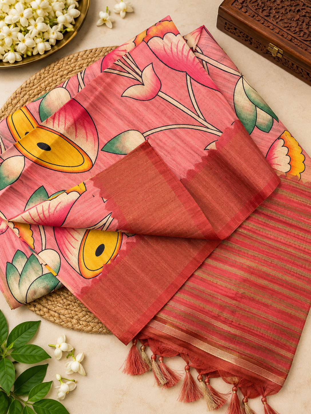 Elegant Rose Pink Soft Tussar Silk Saree with Modern Floral Print