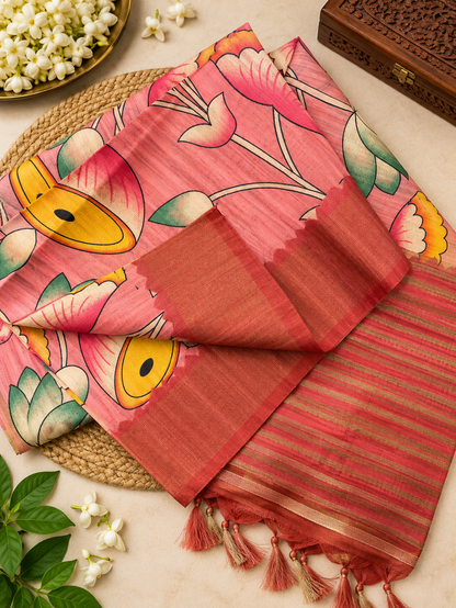 Elegant Rose Pink Soft Tussar Silk Saree with Modern Floral Print