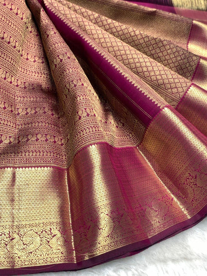 Traditional Wine Soft Banarasi Silk Saree with Pure Gold Zari Bird Motif Border