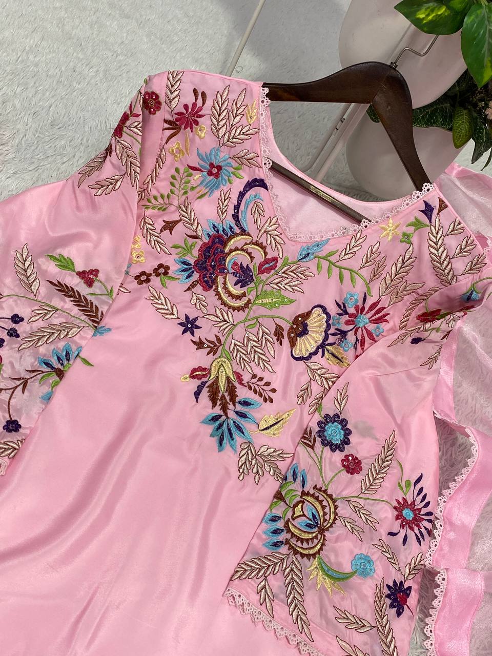 Beautiful Modern Pink Embroidered Crape Silk Suit Set with Organza Dupatta