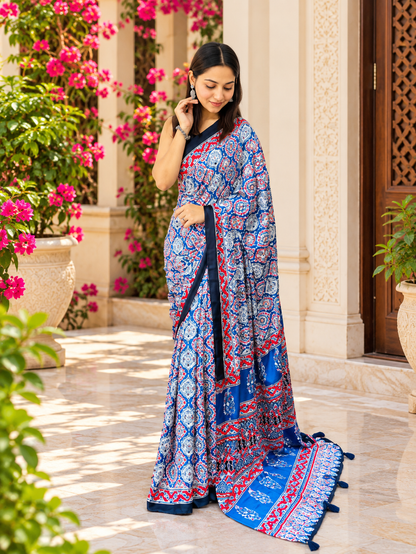 Elegant Royal Blue Semi Gajji Silk Ajrakh Print Saree with Real Mirror Work
