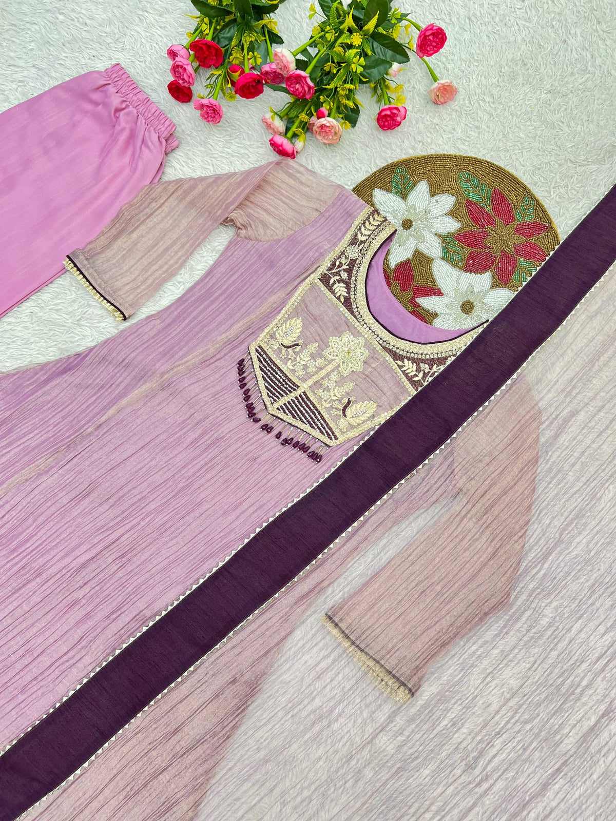 Very Beautiful Pure Salsa Silk Embroidered A-Line Anarkali Suit Set