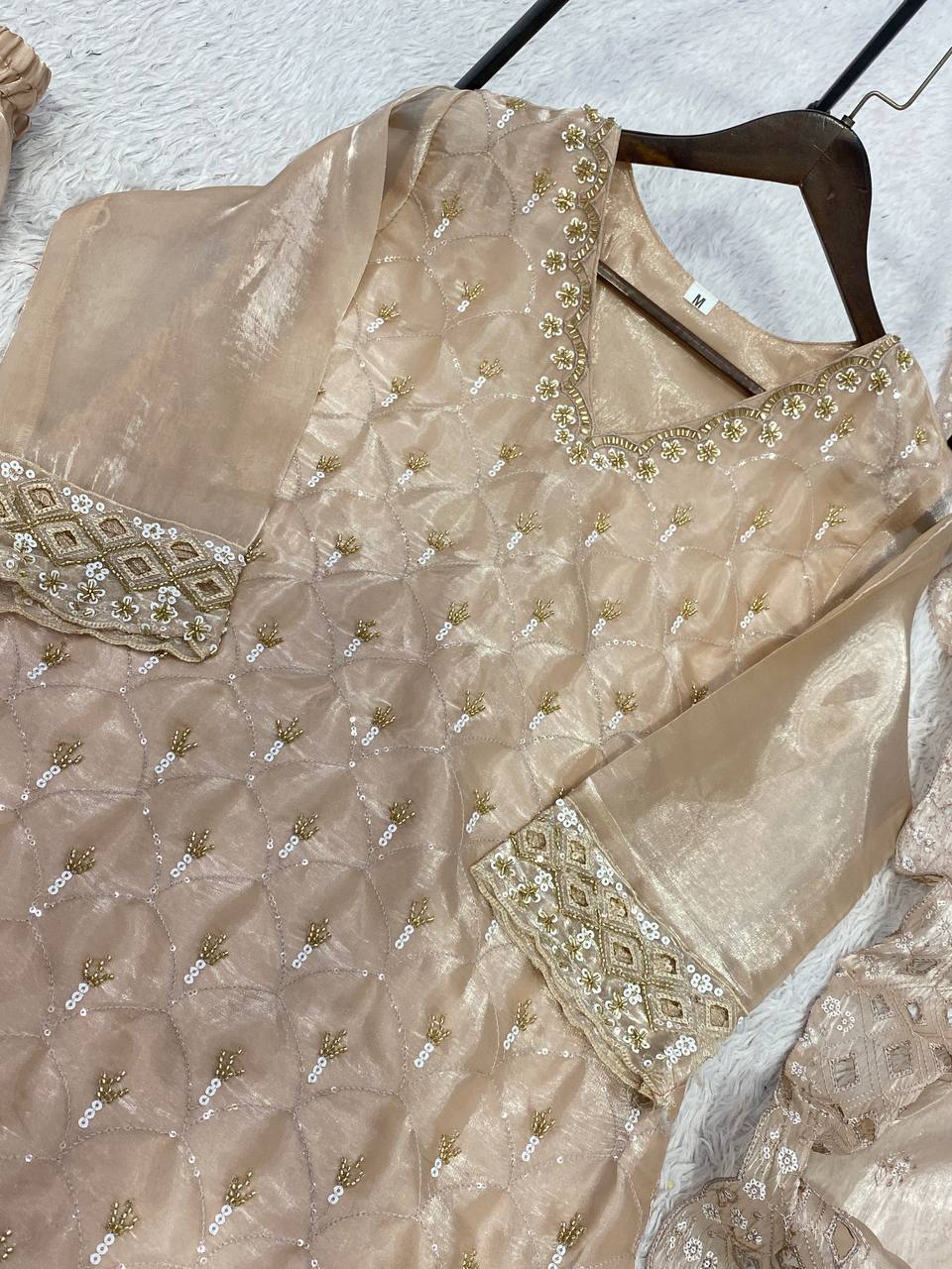 New Designer Golden Fandy Silk Embroidered Suit Set with Organza Dupatta