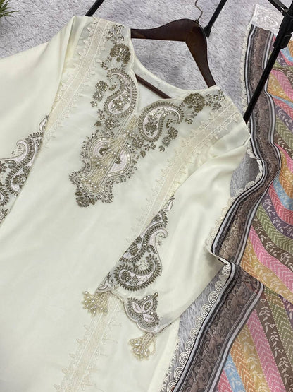 Elegant Star Georgette Embroidered Salwar Suit with Multicolor Chevron Dupatta