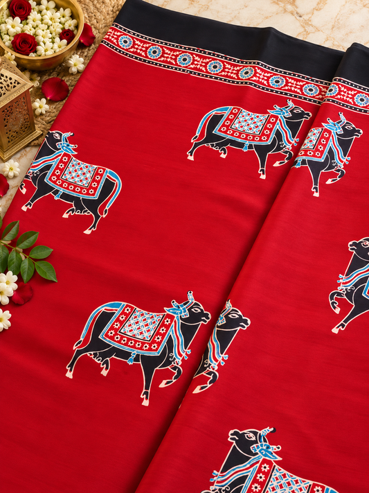 Very Attractive Red Hand Block Printed Modal Silk Saree