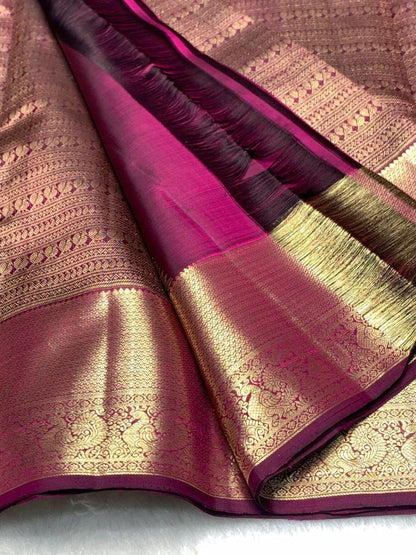 Traditional Wine Soft Banarasi Silk Saree with Pure Gold Zari Bird Motif Border