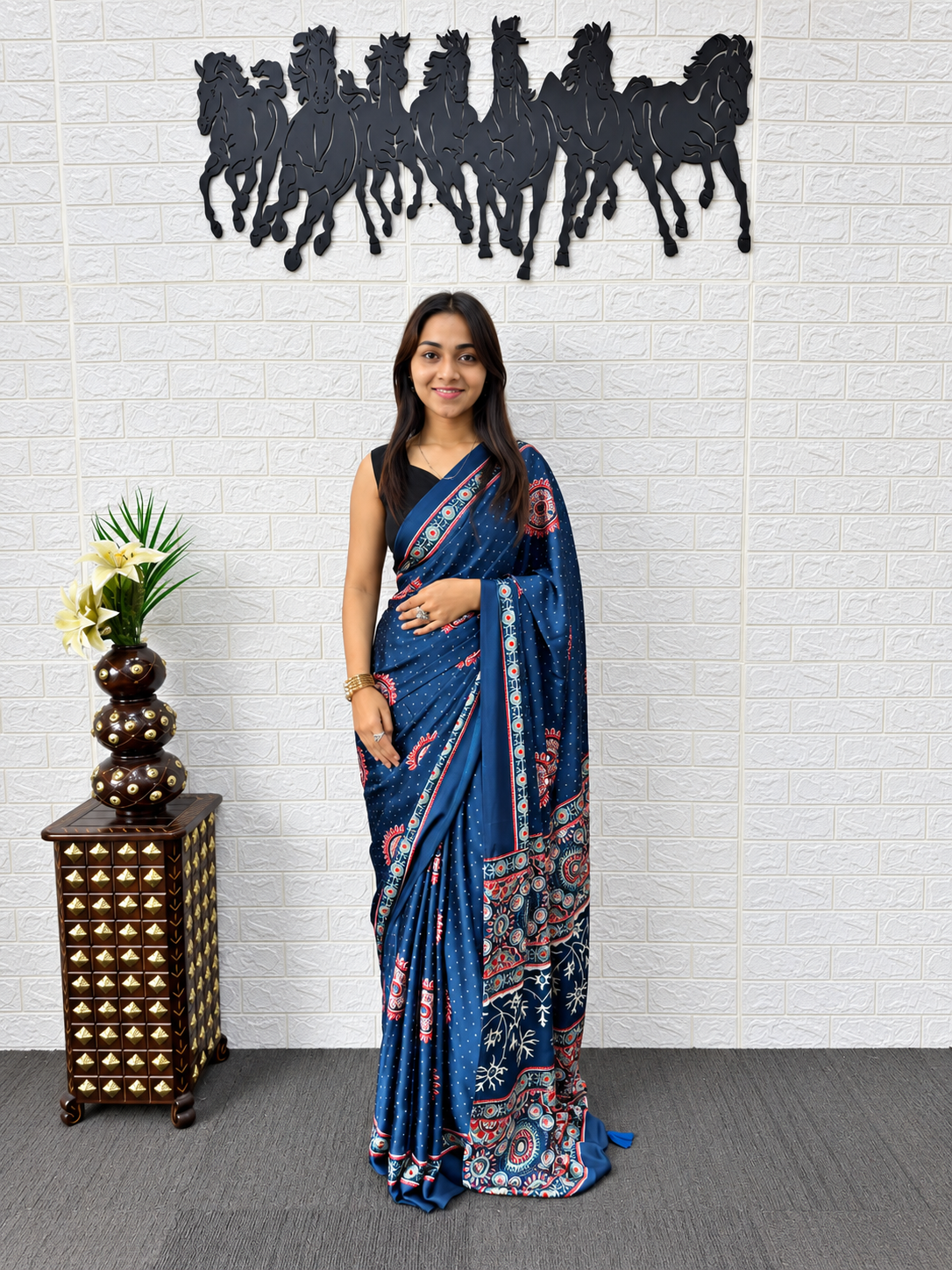 Very Attractive Royal Blue Ajrakh Printed Japan Silk Saree