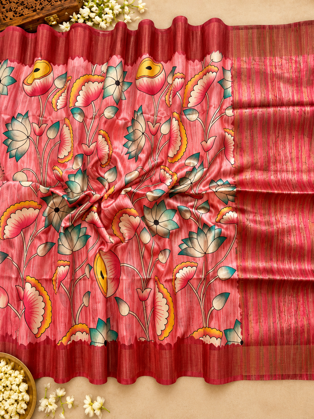 Elegant Rose Pink Soft Tussar Silk Saree with Modern Floral Print