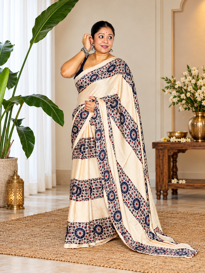 Incredible Cream Handblock Print Modal Silk Saree