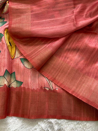 Elegant Rose Pink Soft Tussar Silk Saree with Modern Floral Print