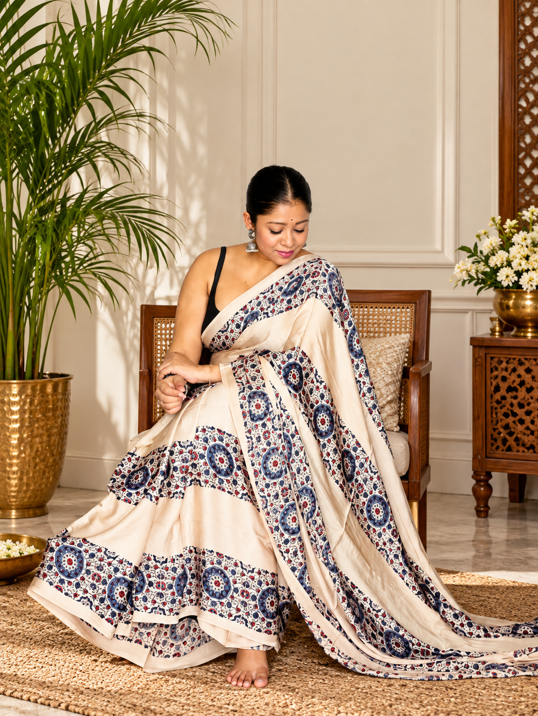 Incredible Cream Handblock Print Modal Silk Saree