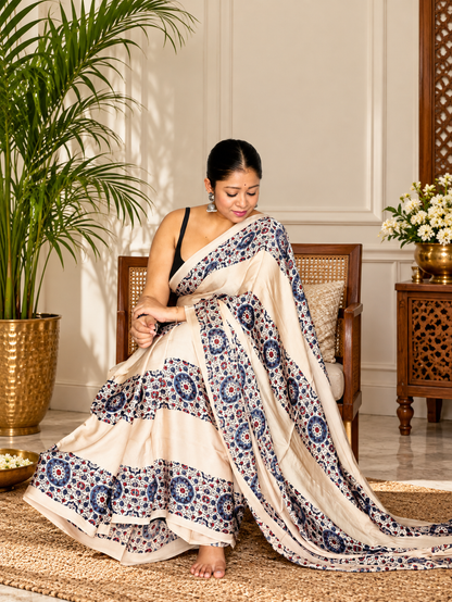 Incredible Cream Handblock Print Modal Silk Saree