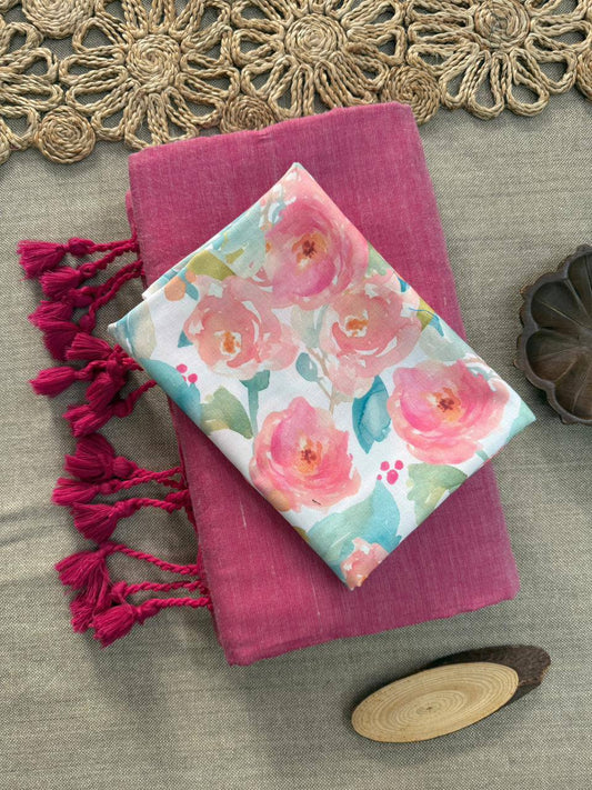 Dharma Exclusive - Pink Handloom Cotton Saree With Printed Blouse