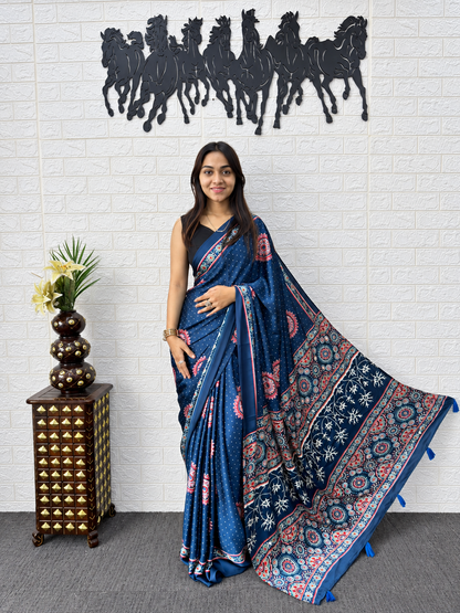 Very Attractive Royal Blue Ajrakh Printed Japan Silk Saree