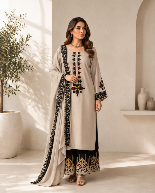 Elegant Beige Rayon Satin Thread Work Kurta Palazzo Set
