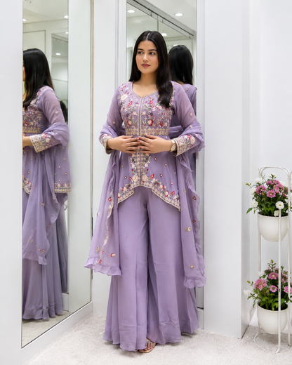 Very Beautiful Lavender Rangoli Silk Embroidered Suit Set