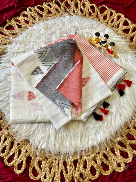 Aaradhya - Off-White Soft Bengali Resham Weaving Cotton Saree