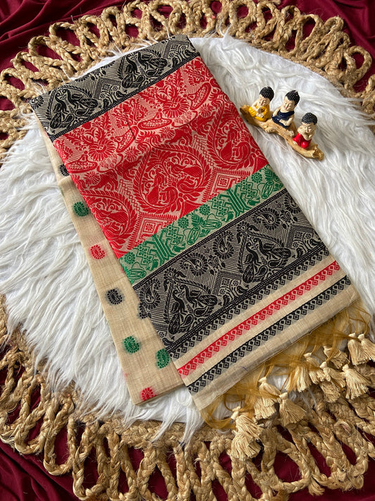 Traditional Beige Premium Soft Muga Cotton Woven Saree