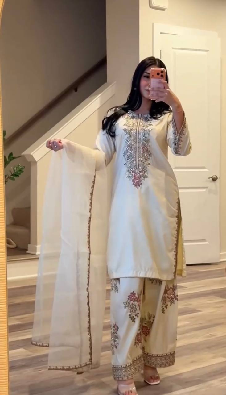 Elegant French Crepe Embroidered Suit Set with Dupatta