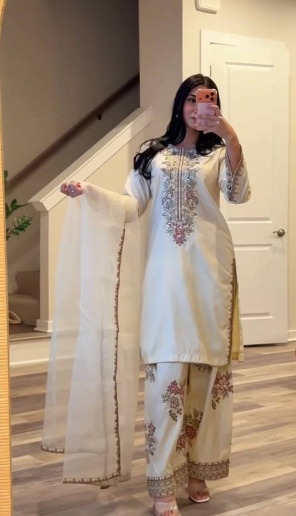 Elegant French Crepe Embroidered Suit Set with Dupatta