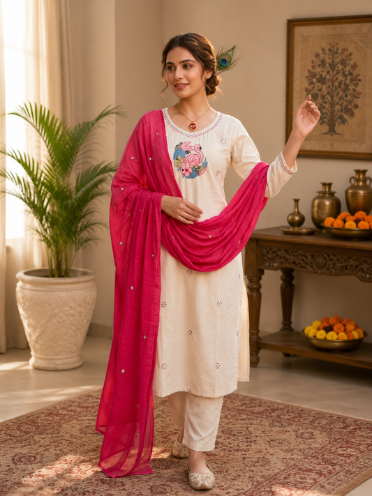 Elegant Off-White Pure Khadi Cotton Embroidered Suit Set with Rani Pink Dupatta