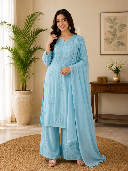Elegant Sky Blue Rayon Embroidered Salwar Suit with Palazzo Pants