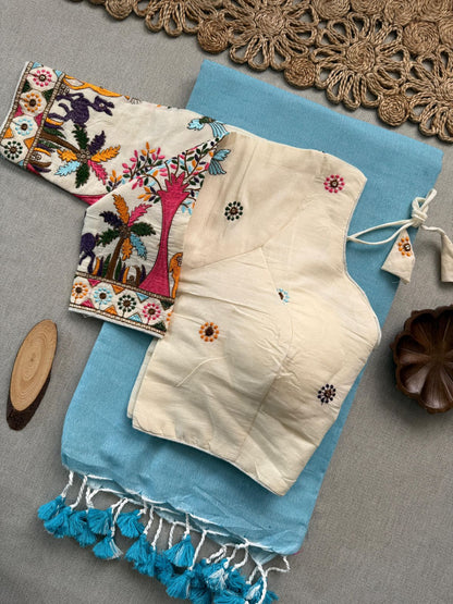 Dharma Exclusive - Sky Handloom Cotton Saree With Havy Embroidery Stitched Blouse