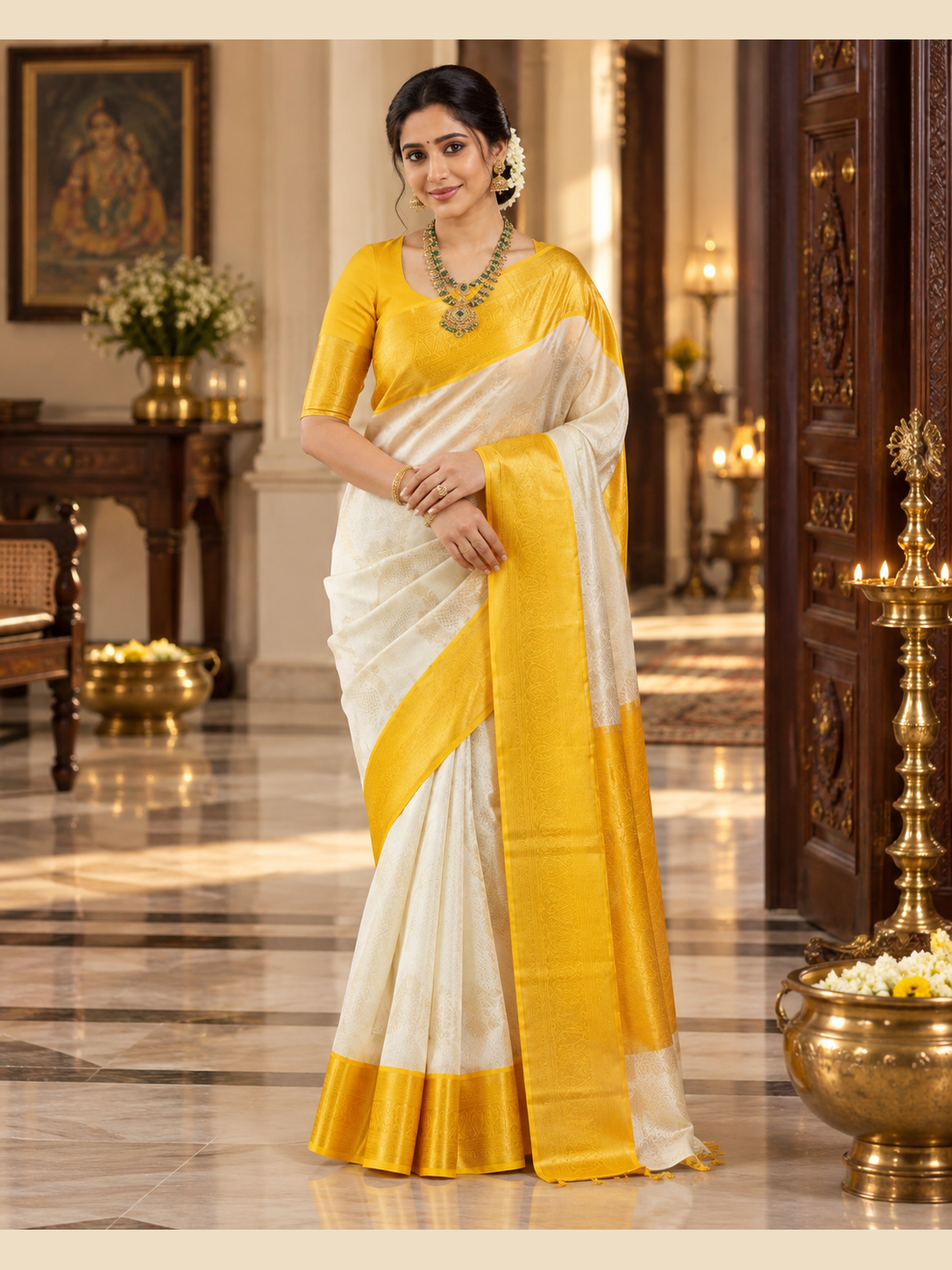 Traditional Soft Banarasi Silk Saree with Rich Golden Yellow Zari Pallu