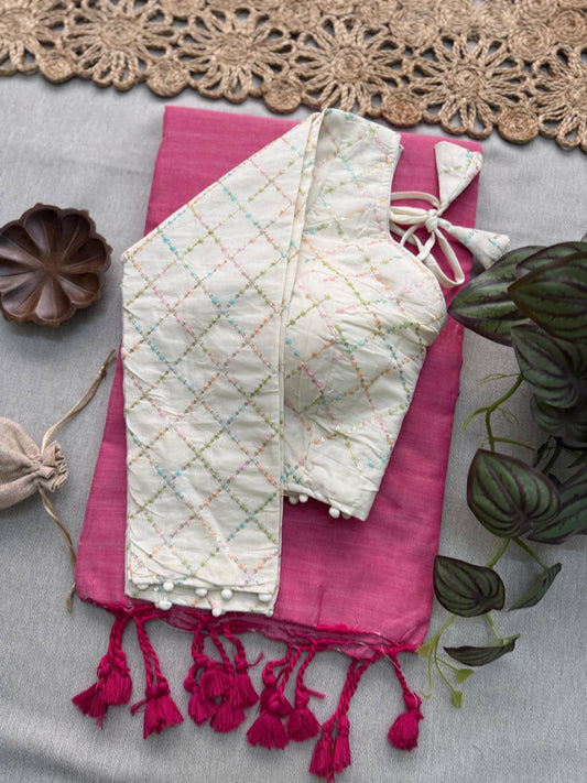 Beautiful - Pink Handloom Cotton Saree With Havy Embroidery Work Stitched Blouse