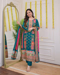 Premium Royal Multi Printed Muslin Suit Set with Embroidered Yoke