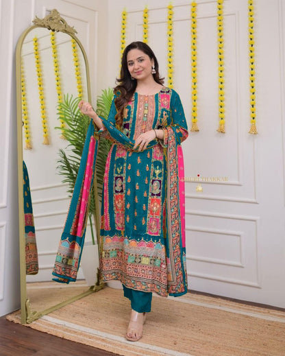 Premium Royal Multi Printed Muslin Suit Set with Embroidered Yoke