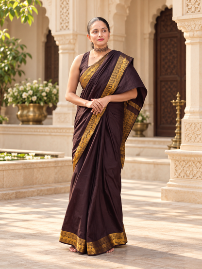 Elegant Dark Brown Kanjivaram Soft Silk Festive Saree