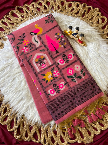 Premium Pink Soft Jamdani Cotton Saree with 3D Woven Peacock Pallu