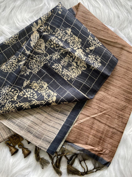 Shanaya - Charcoal & Mocha Digital Printed Soft Tussar Silk Saree