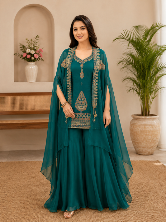 Emerald Green Rangoli Silk Indo-Western Set with Sequins Embroidered Cape Shrug