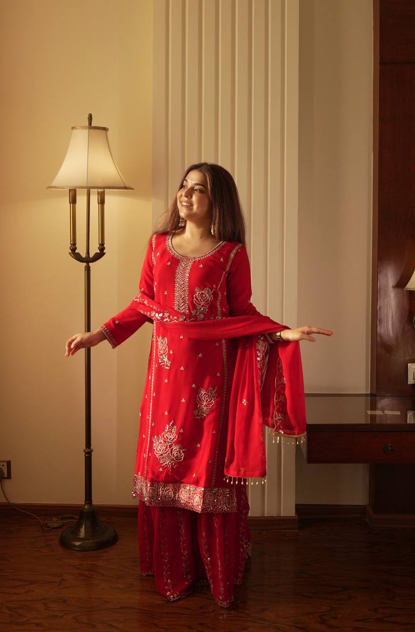 Festive Red Fox Georgette Designer Suit Set with Pearl Accent Dupatta