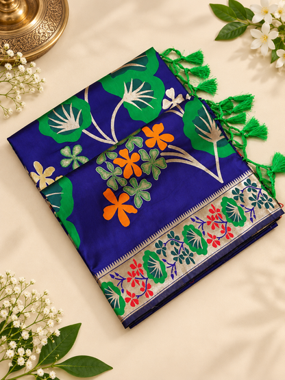 Luxury Royal Blue Soft Silk Saree with Floral Weaving and Tassels