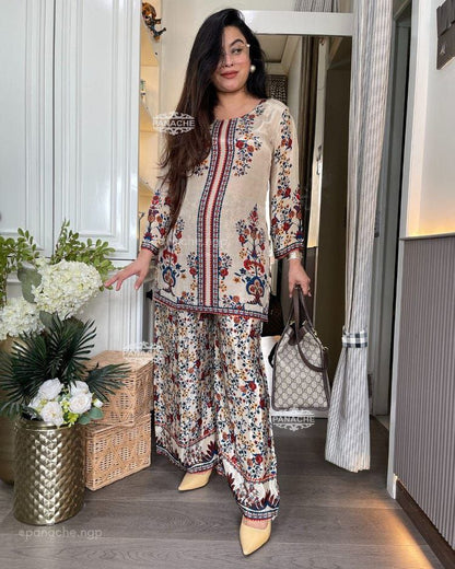 Elegant Floral Printed Soft Cotton Co-Ord Set with Wide-Leg Palazzo Pants