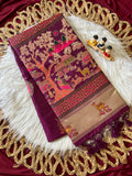 Vrindavan Wine – Premium Woven Zari Soft Pashmina Silk Saree