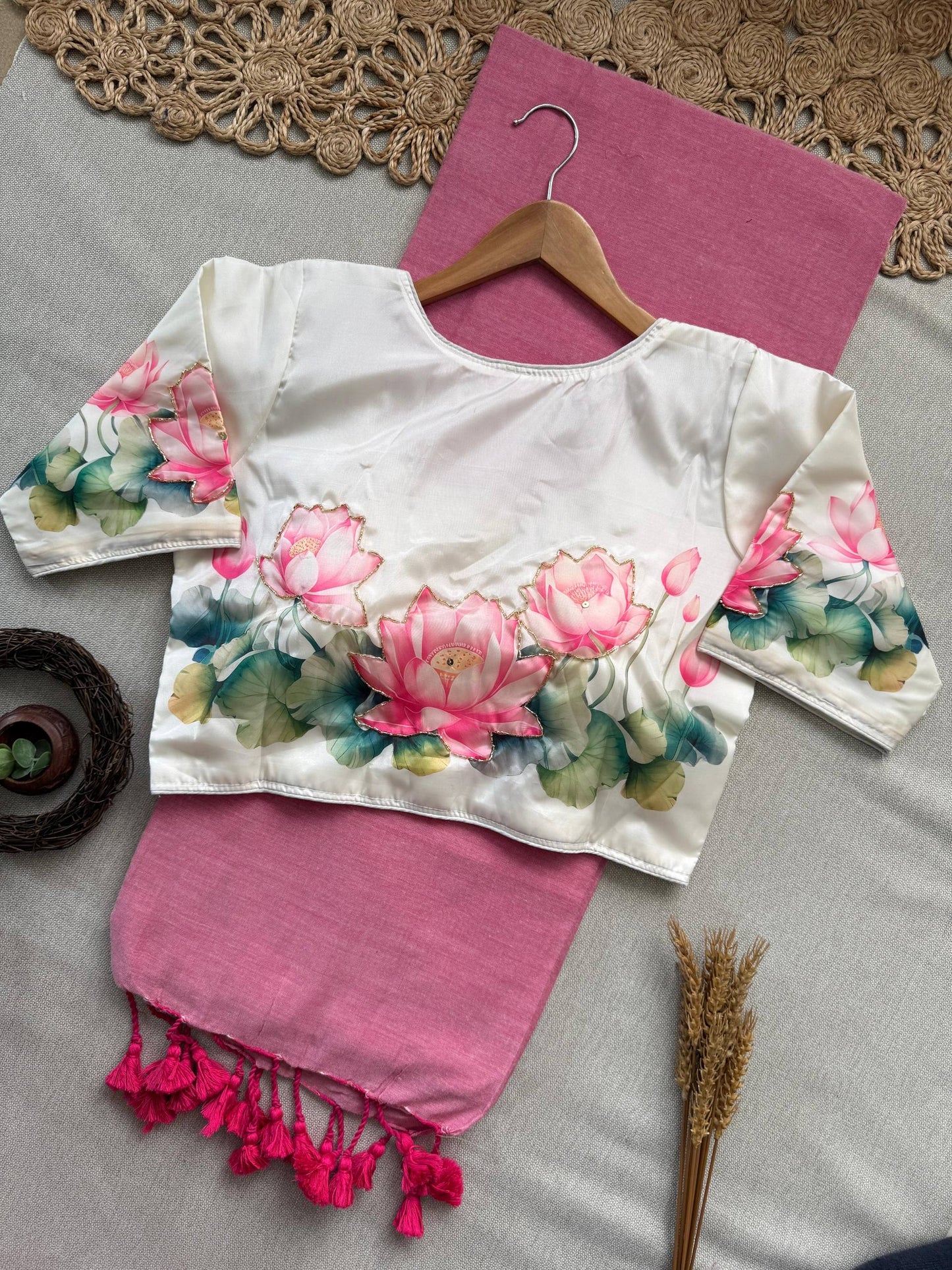 Beautiful - Pink Handloom Cotton Saree With Havy Handwork Stitched Blouse