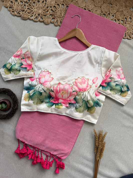 Beautiful - Pink Handloom Cotton Saree With Havy Handwork Stitched Blouse