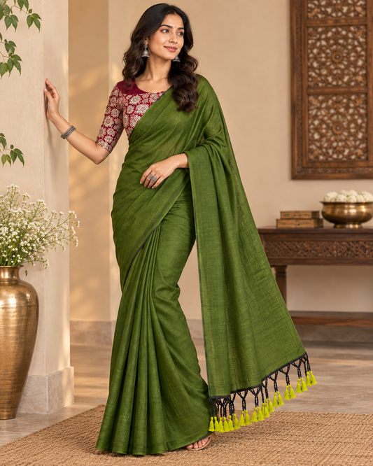 Beautiful Khadi Cotton Handloom Saree With Stiched Blouse