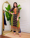 Royal Navy Blue Printed Muslin Suit Set with Embroidered Mustard Yoke