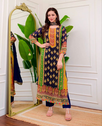 Royal Navy Blue Printed Muslin Suit Set with Embroidered Mustard Yoke