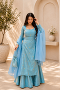 Elegant Sky Blue Fandy Silk Sharara Set With Sequence Work