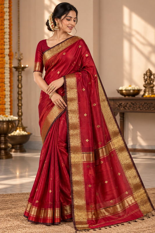 Royal Red Handloom Maheshwari Cotton Silk Sarees