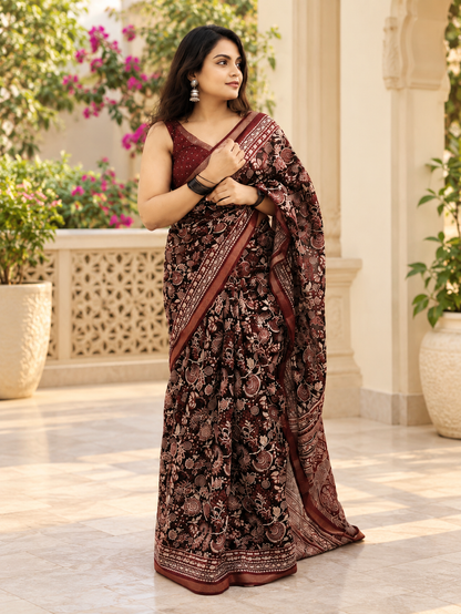 Elegant Premium Silk Cotton Kalamkari Print Saree with Zari Border