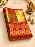 Traditional Royal Red Soft Banarasi Silk Saree With Vibrant Blouse Piece