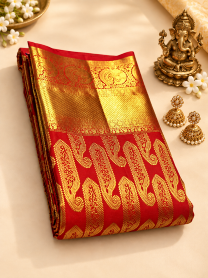 Traditional Royal Red Soft Banarasi Silk Saree With Vibrant Blouse Piece